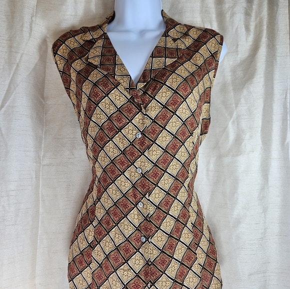 NWOT Casual Corner red tan gold print silk blouse top Womens 12 - Picture 6 of 8